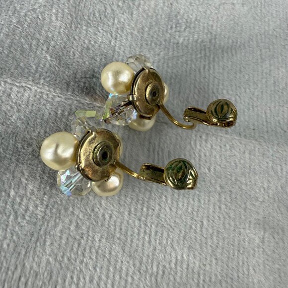 Vintage Faux Pearl & Crystal Beaded Cluster Clip-On Earrings Women MCM - Picture 7 of 16